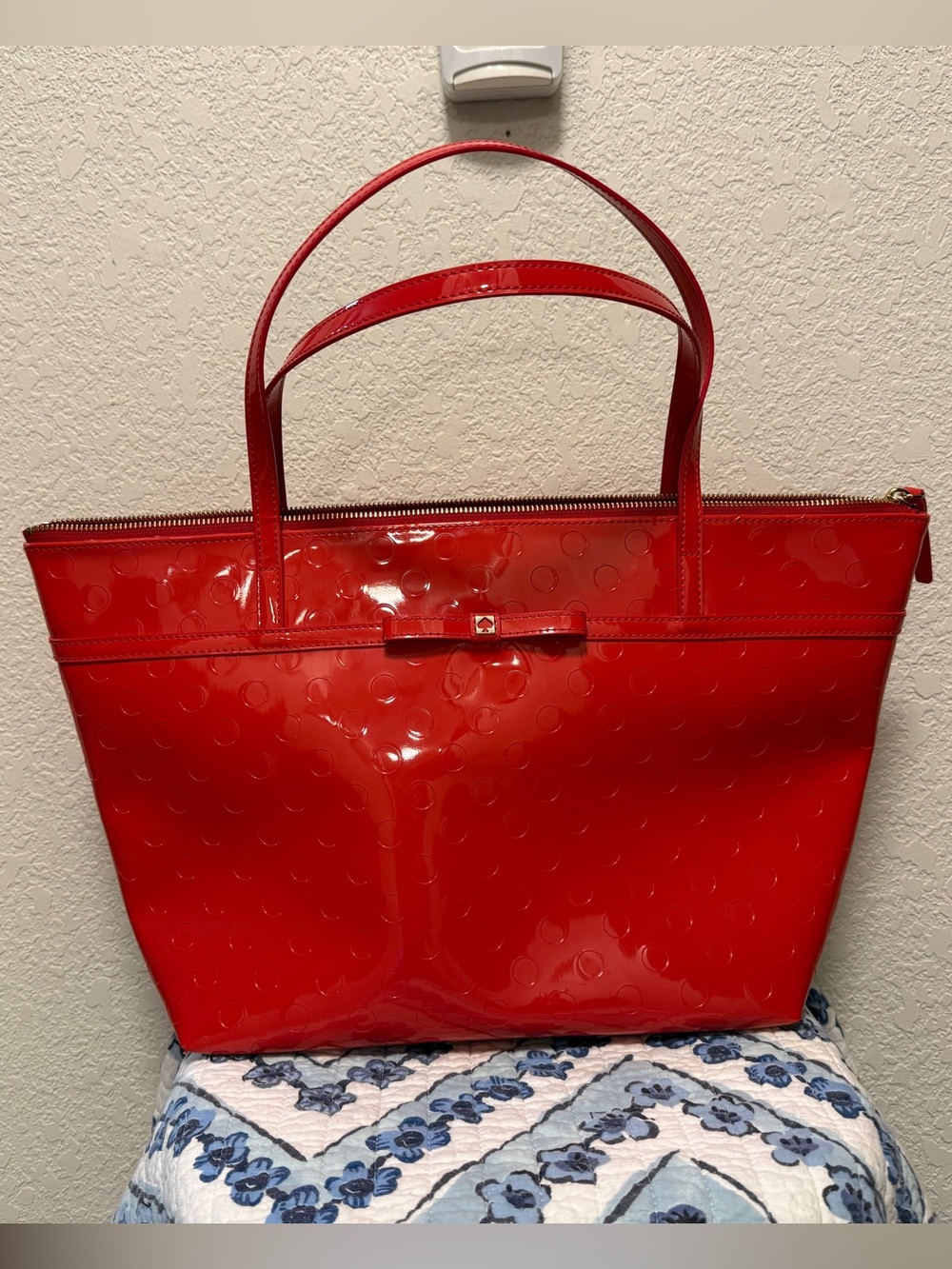 Kate Spade camellia street Sophie Red Patent Tote Bag with Subtle Dot Pattern